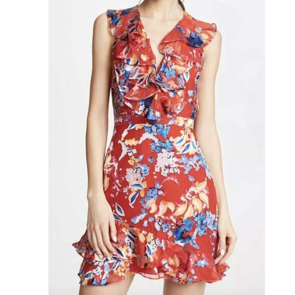 Saloni Cece Red Floral Silk Ruffle Floral Print V-Neck Mini Dress • Size 4 ⬇️